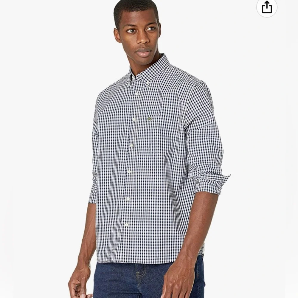 ! Lacoste Men's Long Sleeve Gingham Regular Fit Poplin Shirt
